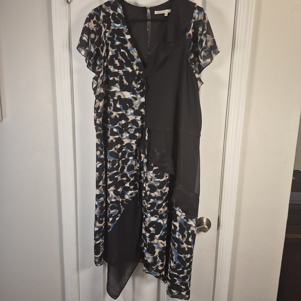Rachel Roy XL Elegant Black Blue Animal Mixed Print Wrap Dress Ruffle Midi - Picture 3 of 8